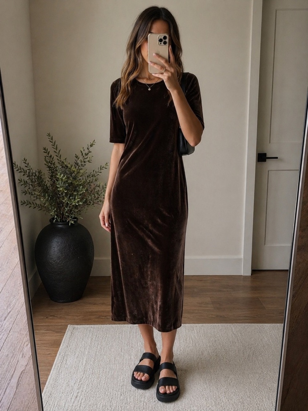 Vintage 90s Herman Geist Brown Velvet Midi Dress Soft Luxe Minimalist Soft Luxe